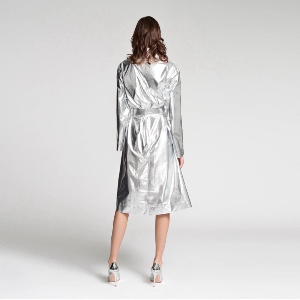 Silver Metallic Trench Coat - Women's Stylish Wrap Trench - Picture 2 of 8